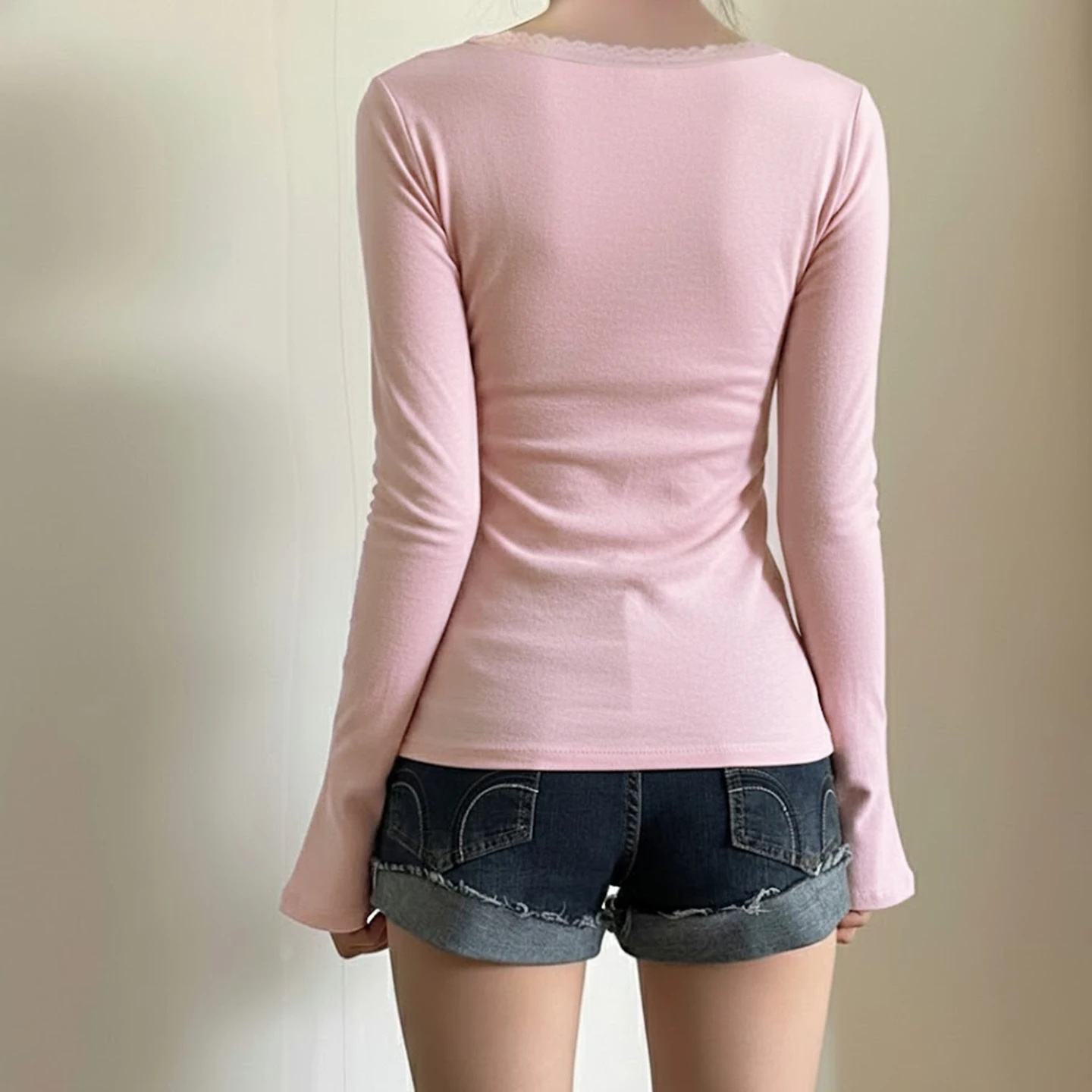 SUCHCUTE Women Solid Lace Trim Patchwork Button Flared Sleeves Shirt Casual V Neck Knit Top Y2k Aesthetic Fall Clothes Fairycore