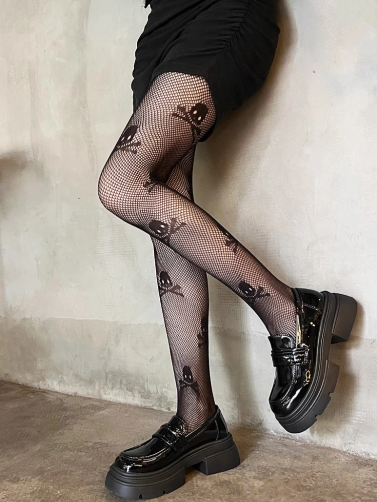 Women's Punk Gothic Skull Pattern Tights Thin Sheer Sexy Mesh Hollowed-out Fishnet Stockings Japanese Style JK Lolita Pantyhose
