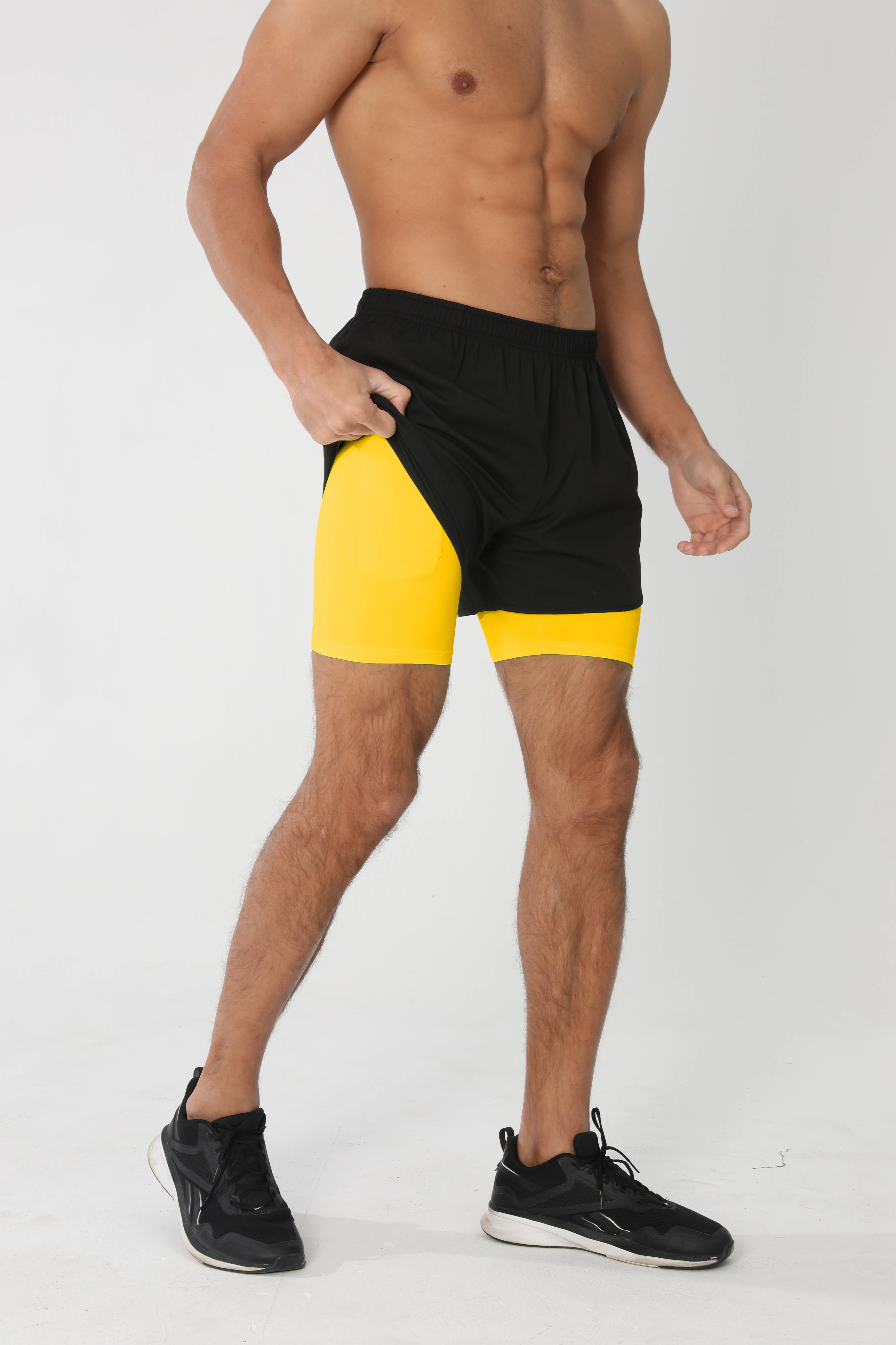 Men's Running Shorts Quick-drying Fitness Black Double Layer Shorts Men New Sport Workout Training Bodybuilding Short Pants New