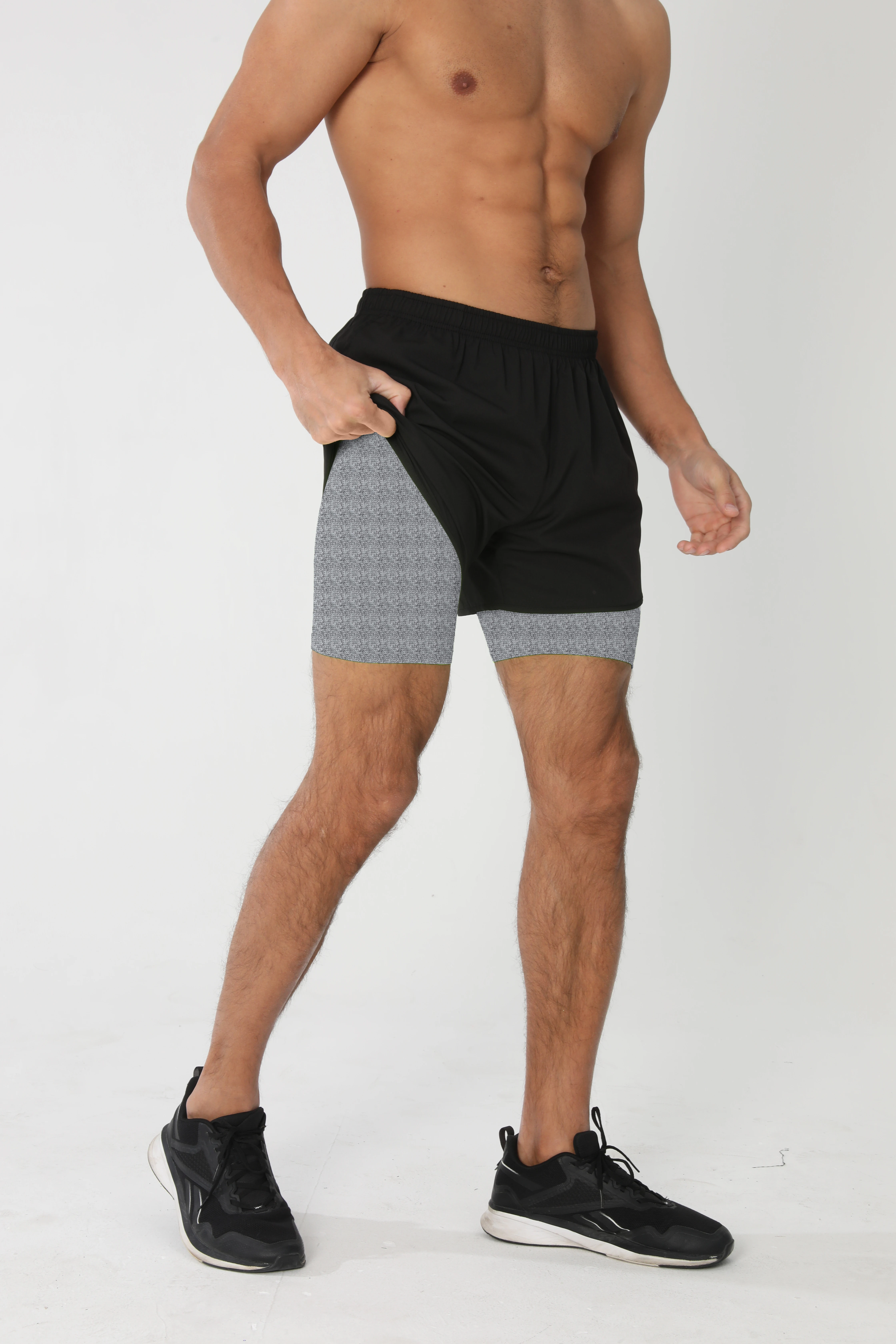 Men's Running Shorts Quick-drying Fitness Black Double Layer Shorts Men New Sport Workout Training Bodybuilding Short Pants New