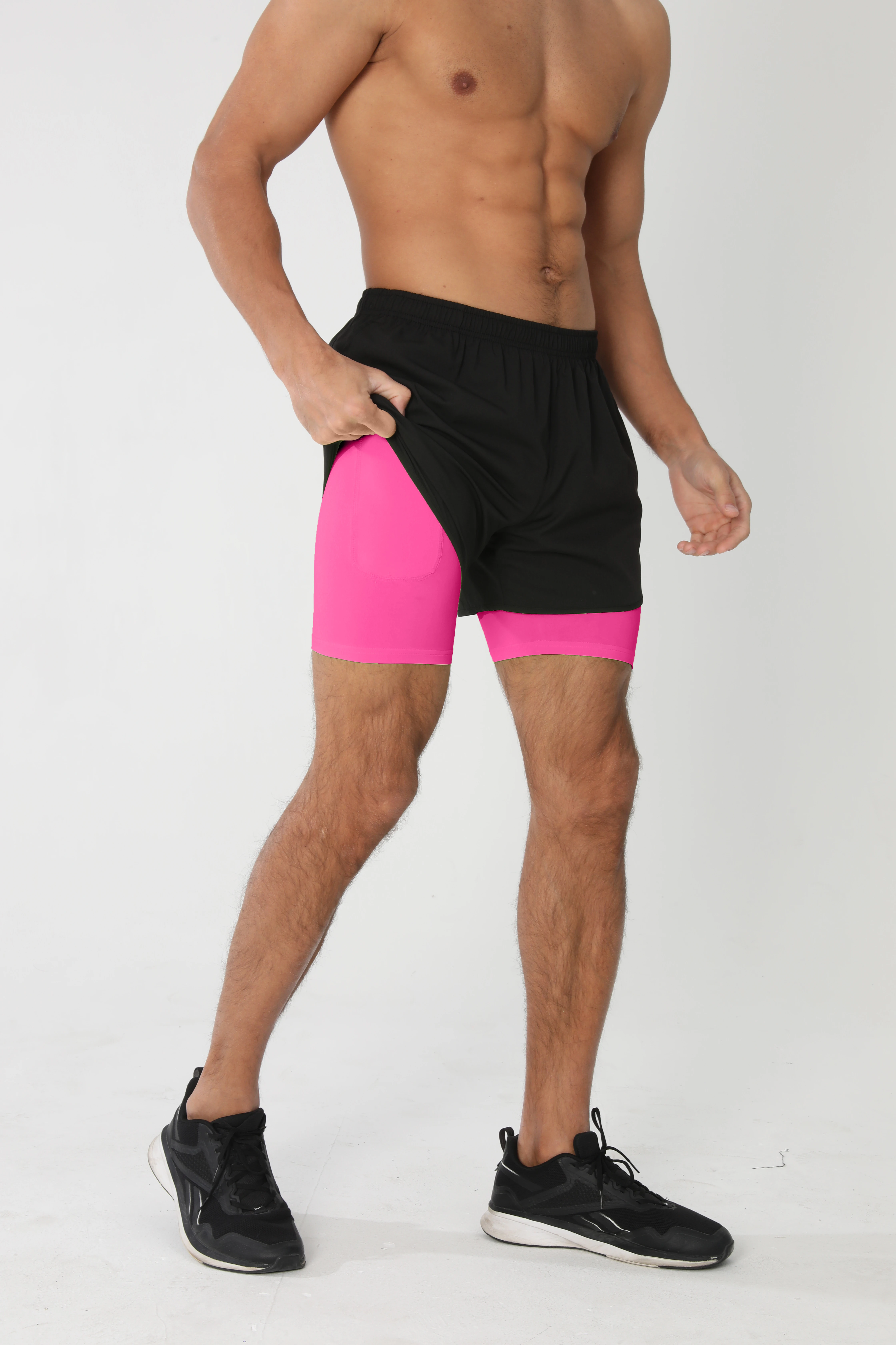 Men's Running Shorts Quick-drying Fitness Black Double Layer Shorts Men New Sport Workout Training Bodybuilding Short Pants New