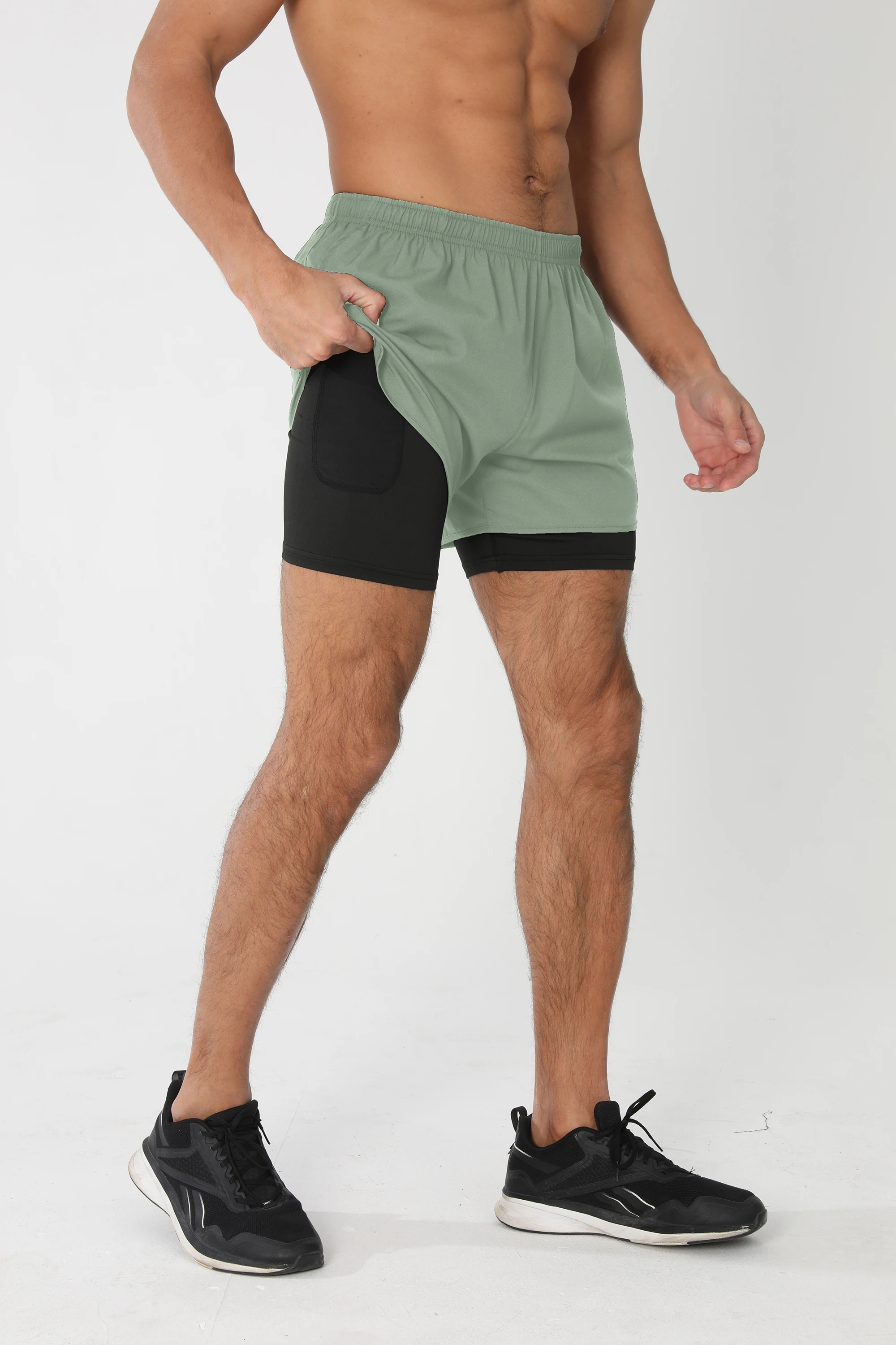 Men's Running Shorts Quick-drying Fitness Black Double Layer Shorts Men New Sport Workout Training Bodybuilding Short Pants New