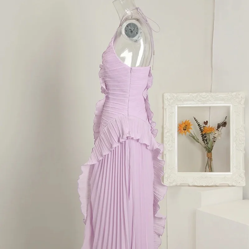 Chic Pleated Halter Neck Long Vacation Dress High Quality Purple Strapless Lotus Edge Maxi Dress 2025 New Lady Vacation Gown