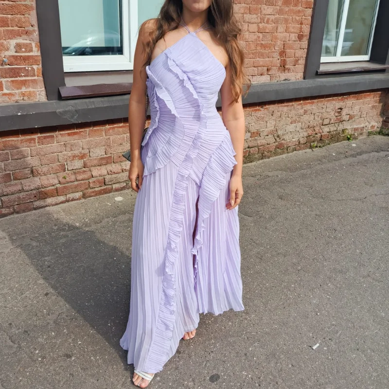 Chic Pleated Halter Neck Long Vacation Dress High Quality Purple Strapless Lotus Edge Maxi Dress 2025 New Lady Vacation Gown