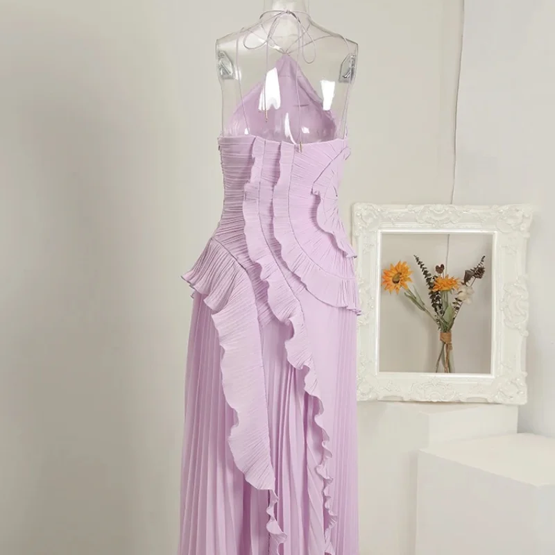 Chic Pleated Halter Neck Long Vacation Dress High Quality Purple Strapless Lotus Edge Maxi Dress 2025 New Lady Vacation Gown