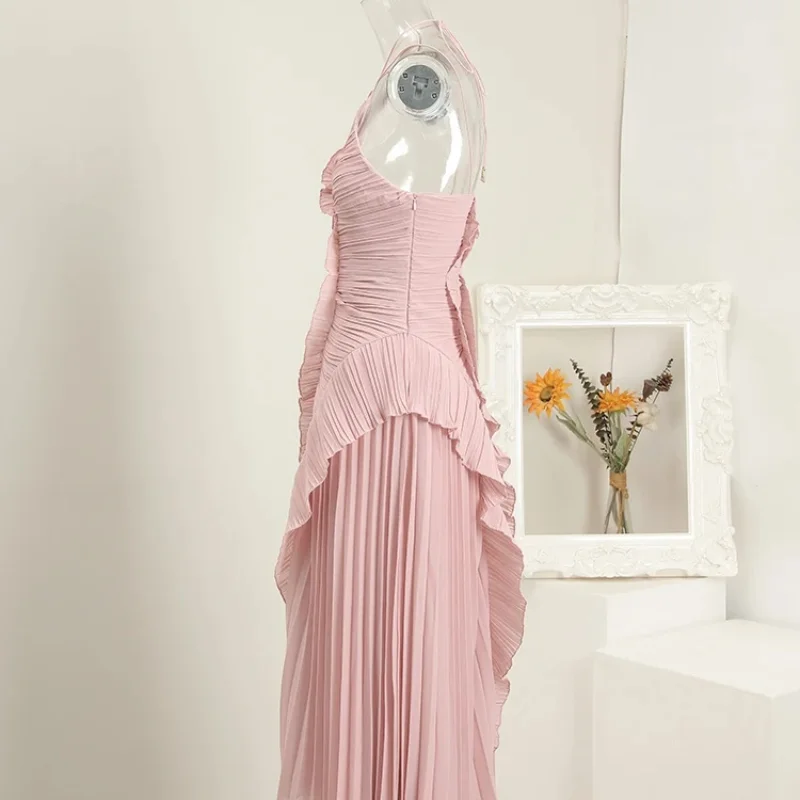 Chic Pleated Halter Neck Long Vacation Dress High Quality Purple Strapless Lotus Edge Maxi Dress 2025 New Lady Vacation Gown