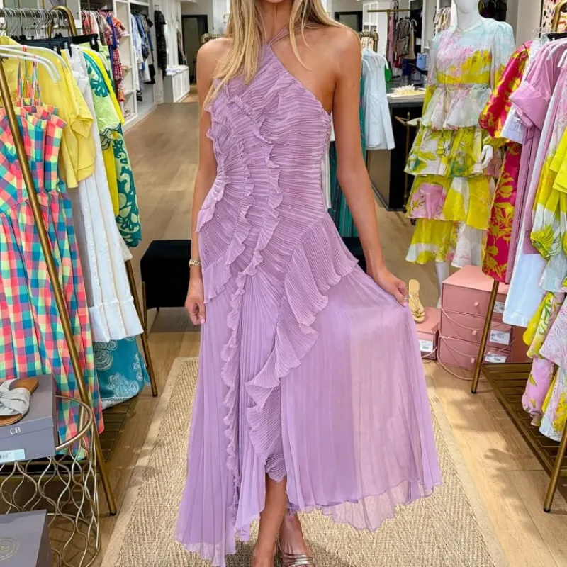 Chic Pleated Halter Neck Long Vacation Dress High Quality Purple Strapless Lotus Edge Maxi Dress 2025 New Lady Vacation Gown