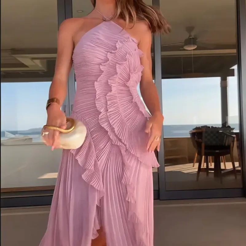 Chic Pleated Halter Neck Long Vacation Dress High Quality Purple Strapless Lotus Edge Maxi Dress 2025 New Lady Vacation Gown