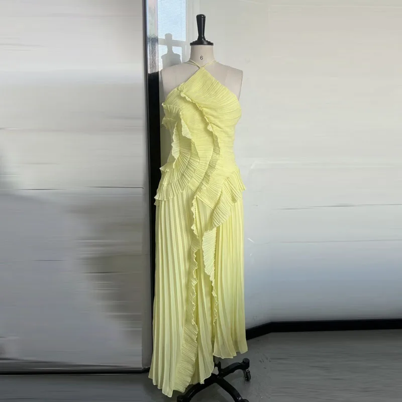 Chic Pleated Halter Neck Long Vacation Dress High Quality Purple Strapless Lotus Edge Maxi Dress 2025 New Lady Vacation Gown