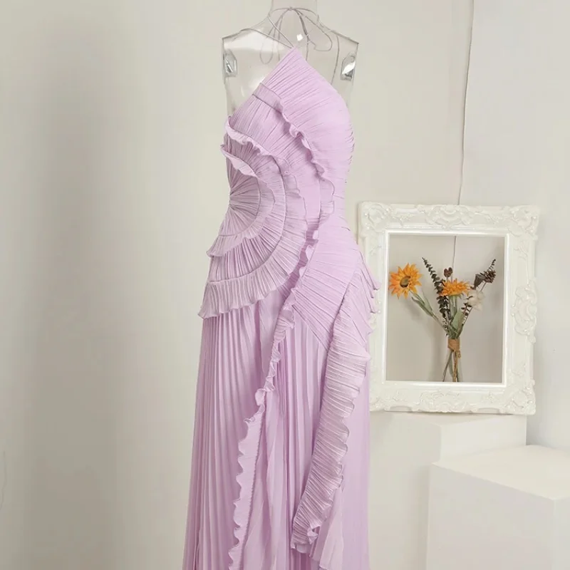 Chic Pleated Halter Neck Long Vacation Dress High Quality Purple Strapless Lotus Edge Maxi Dress 2025 New Lady Vacation Gown