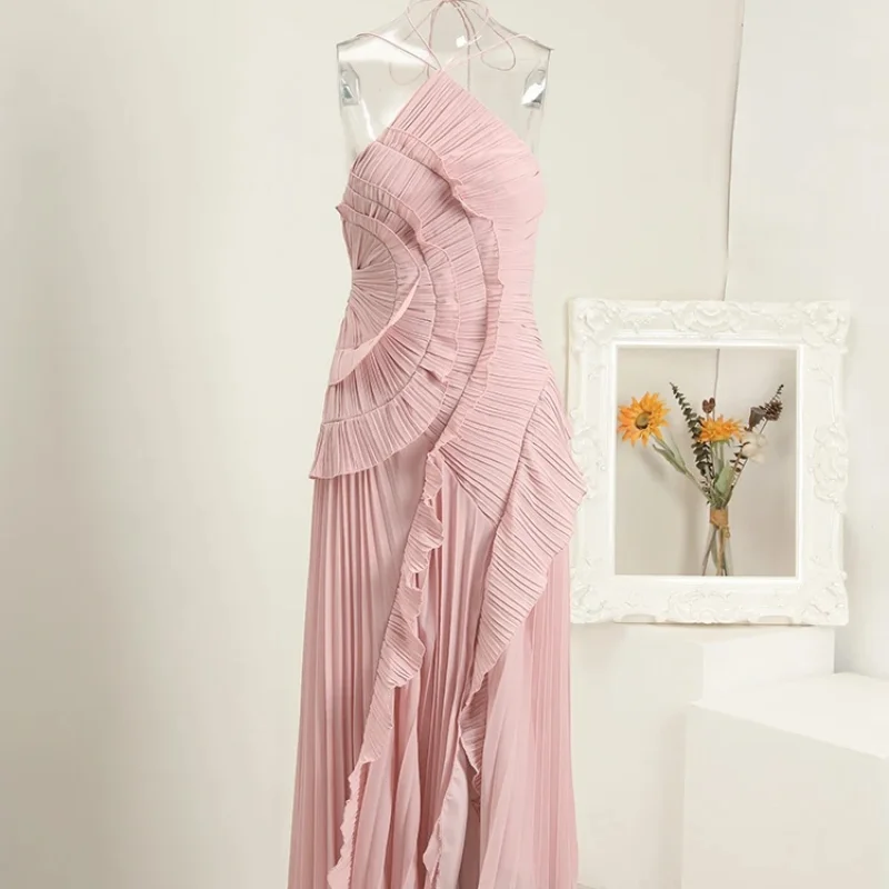 Chic Pleated Halter Neck Long Vacation Dress High Quality Purple Strapless Lotus Edge Maxi Dress 2025 New Lady Vacation Gown