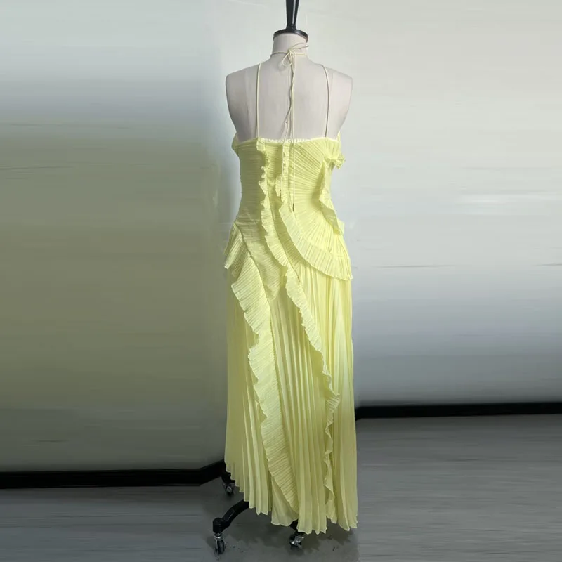 Chic Pleated Halter Neck Long Vacation Dress High Quality Purple Strapless Lotus Edge Maxi Dress 2025 New Lady Vacation Gown