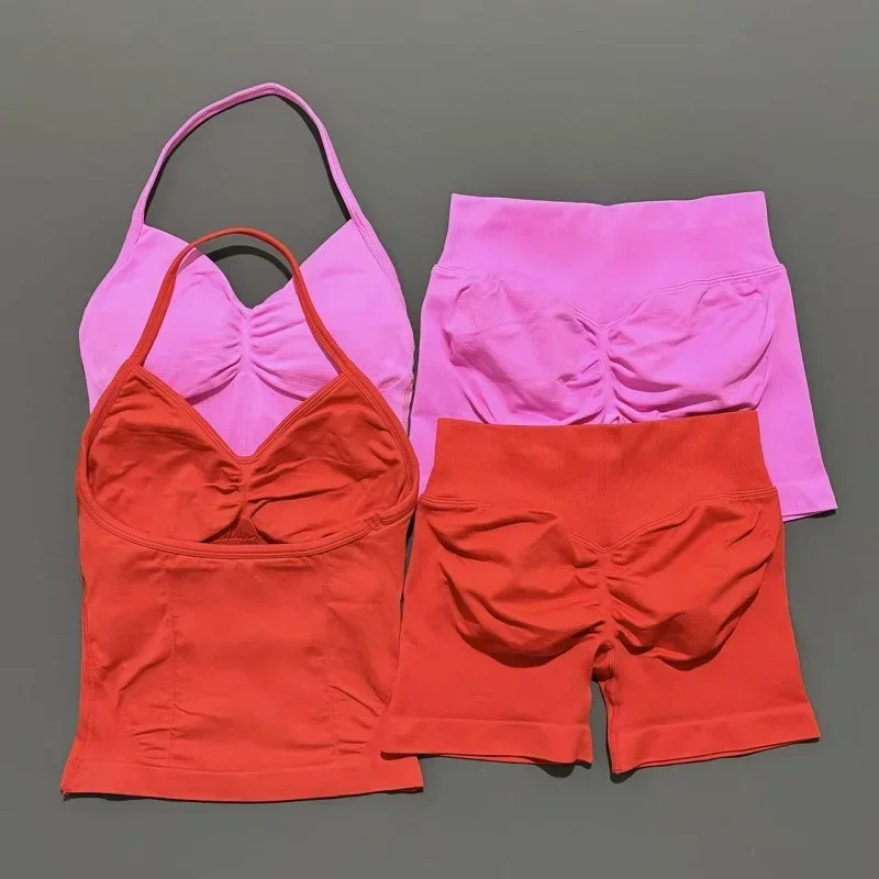 Yoga 2 Pieces Gym Set Women Backless Halter Tops High Waist Seamless Shorts Gym Suit Fitness Sports Bras Sportswear Workout Sets