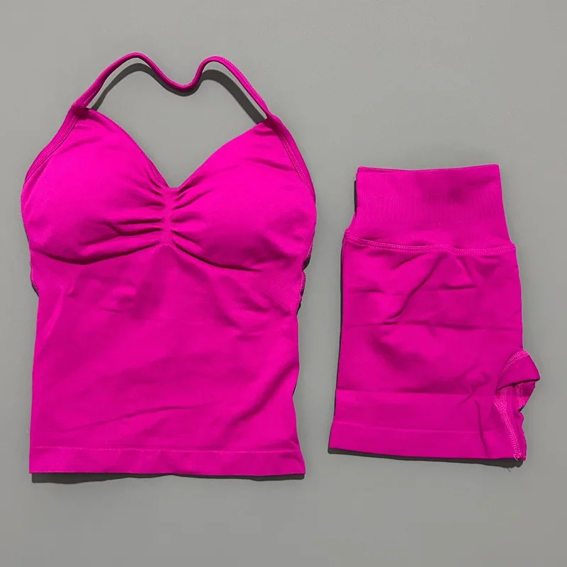 Yoga 2 Pieces Gym Set Women Backless Halter Tops High Waist Seamless Shorts Gym Suit Fitness Sports Bras Sportswear Workout Sets