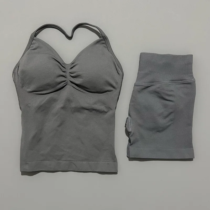Yoga 2 Pieces Gym Set Women Backless Halter Tops High Waist Seamless Shorts Gym Suit Fitness Sports Bras Sportswear Workout Sets