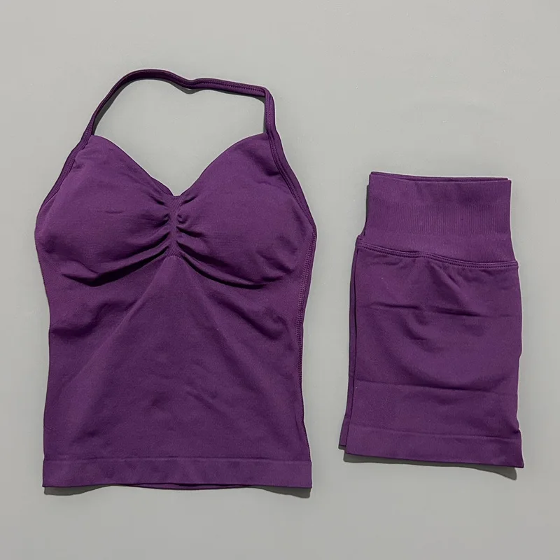 Yoga 2 Pieces Gym Set Women Backless Halter Tops High Waist Seamless Shorts Gym Suit Fitness Sports Bras Sportswear Workout Sets