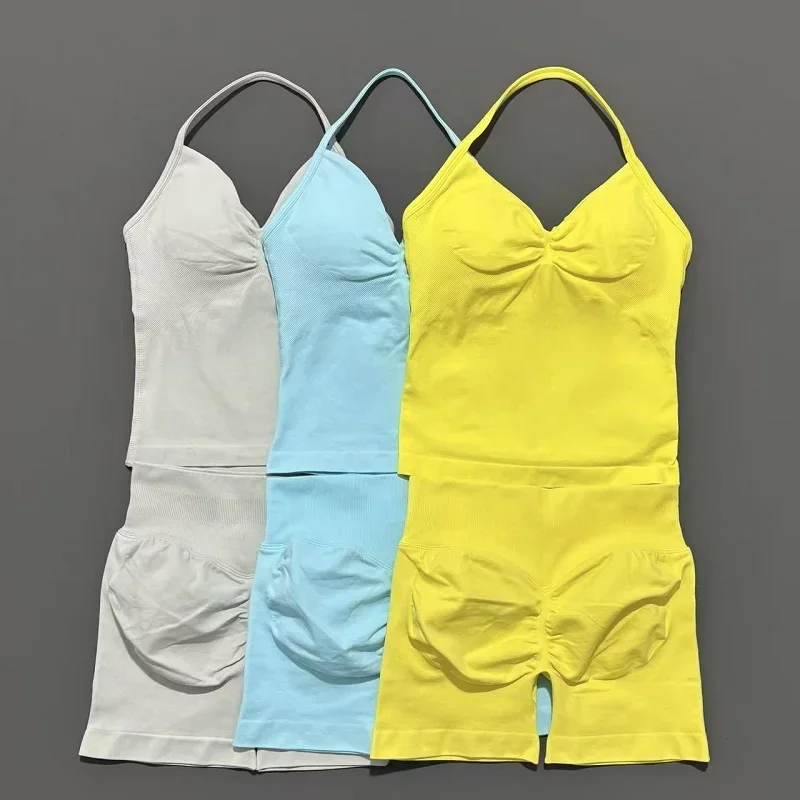 Yoga 2 Pieces Gym Set Women Backless Halter Tops High Waist Seamless Shorts Gym Suit Fitness Sports Bras Sportswear Workout Sets