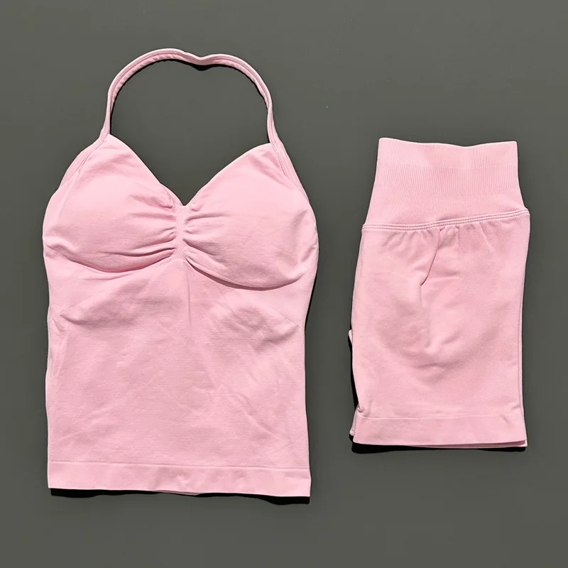 Yoga 2 Pieces Gym Set Women Backless Halter Tops High Waist Seamless Shorts Gym Suit Fitness Sports Bras Sportswear Workout Sets