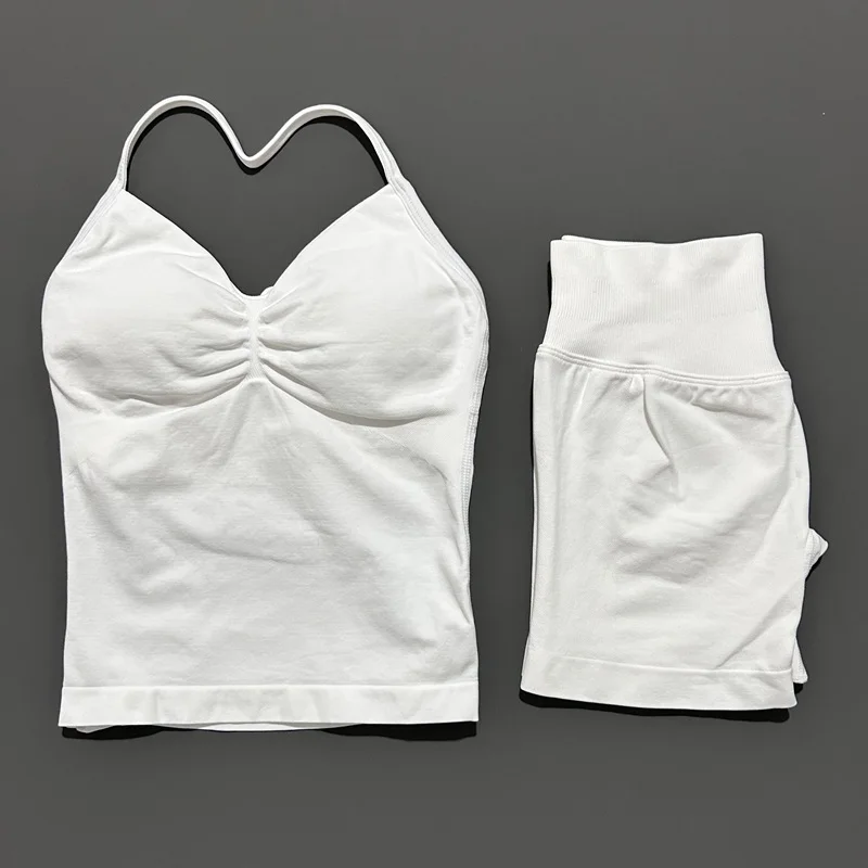 Yoga 2 Pieces Gym Set Women Backless Halter Tops High Waist Seamless Shorts Gym Suit Fitness Sports Bras Sportswear Workout Sets
