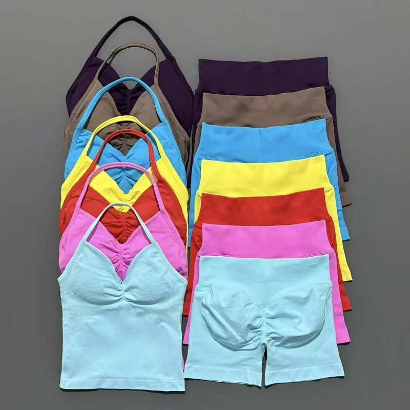 Yoga 2 Pieces Gym Set Women Backless Halter Tops High Waist Seamless Shorts Gym Suit Fitness Sports Bras Sportswear Workout Sets