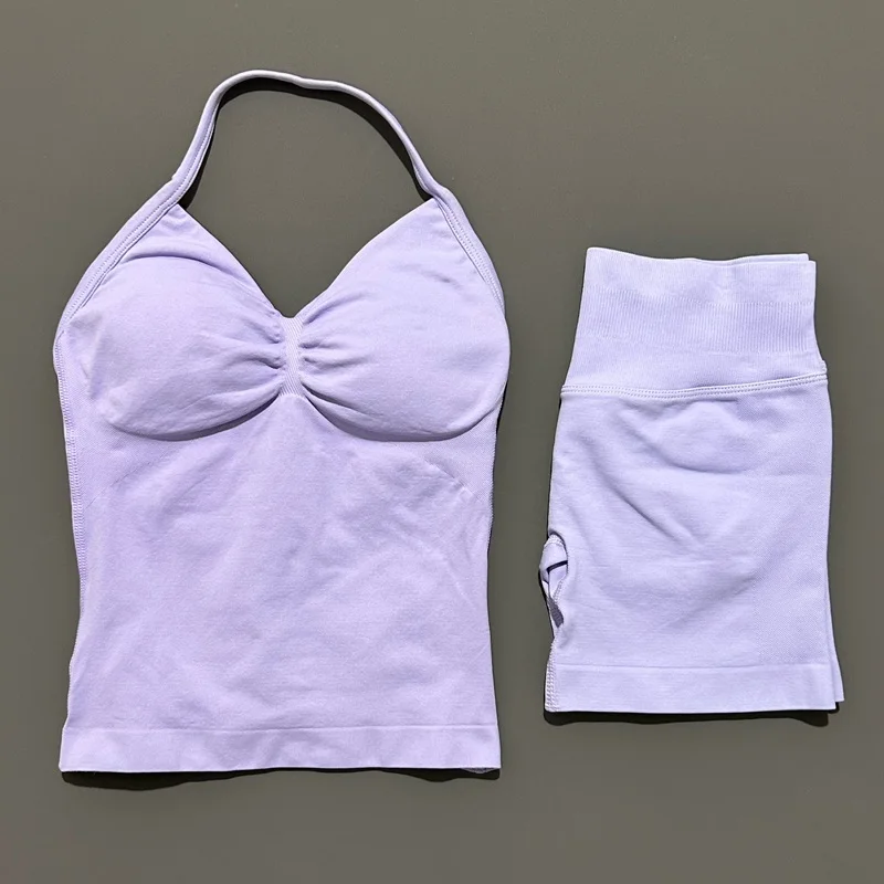 Yoga 2 Pieces Gym Set Women Backless Halter Tops High Waist Seamless Shorts Gym Suit Fitness Sports Bras Sportswear Workout Sets