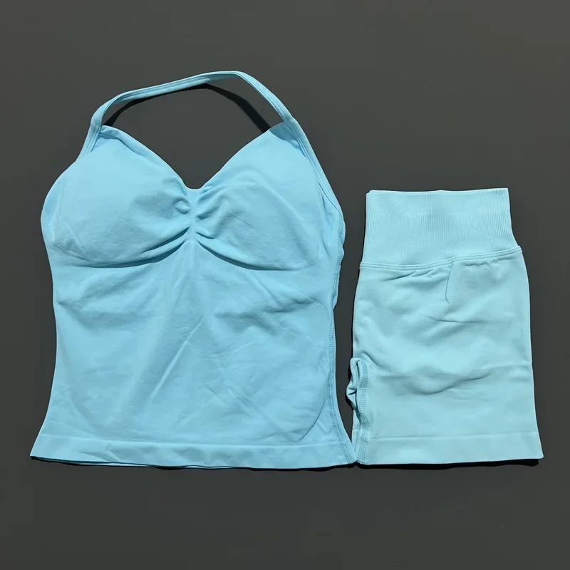 Yoga 2 Pieces Gym Set Women Backless Halter Tops High Waist Seamless Shorts Gym Suit Fitness Sports Bras Sportswear Workout Sets