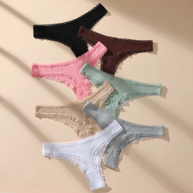 7Pcs/Set Women Thongs Panties Cotton Sexy Lace Underwear Tanga Solid Pants Plus Size Underpants G-Strings Female Lingerie S-3XL