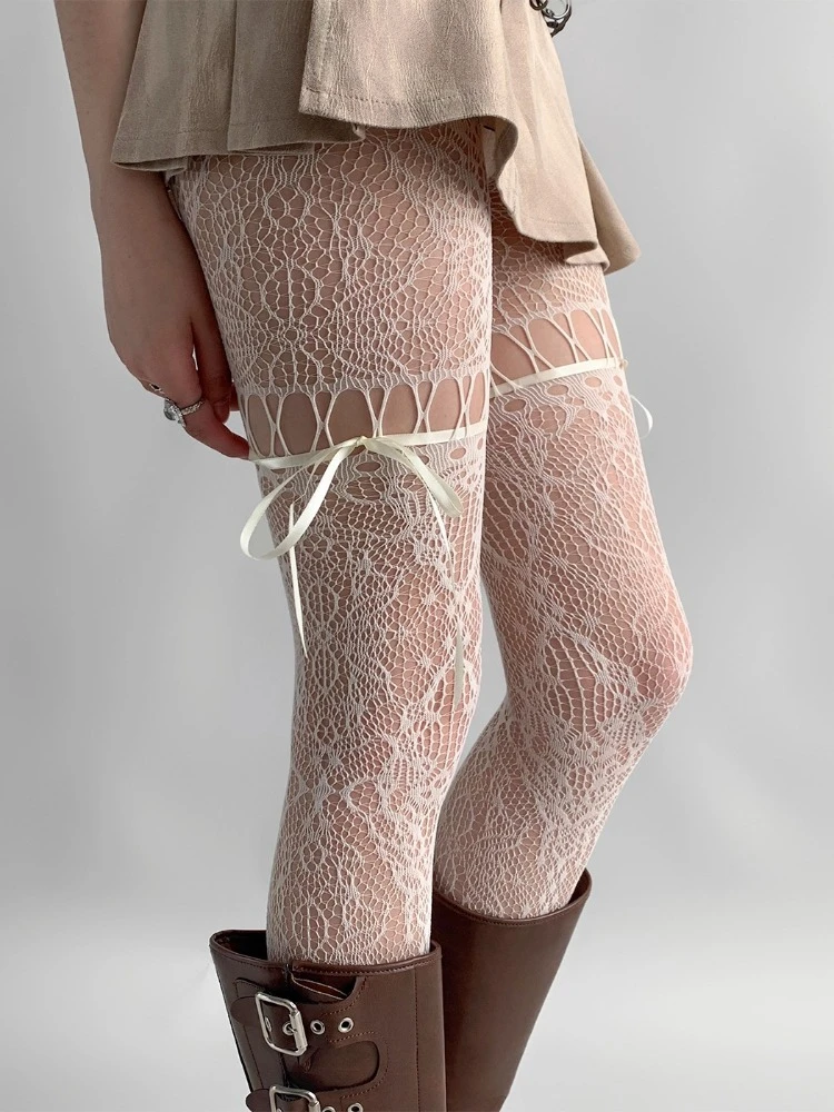 New Design Beige Tights Women Sexy See Through Mesh Sheer Fishnet Stockings JK Uniform Bow Tie Strap Lace Bottoming Pantyhose