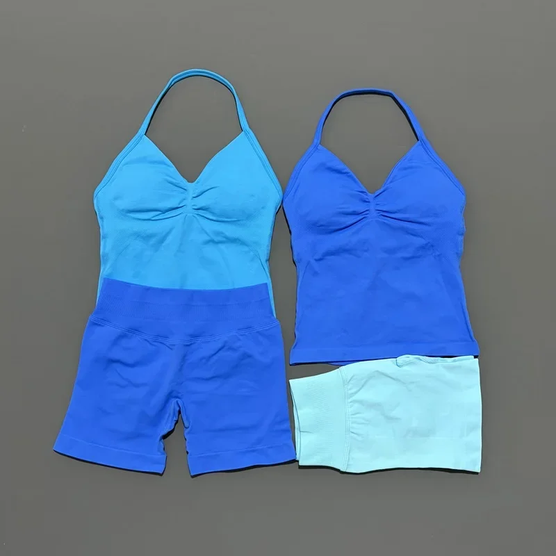 2 Pieces Sports Set Women Backless Halter Tops Fitness Tank Top High Waist Seamless High Stretch Shorts Gym Workout Sets