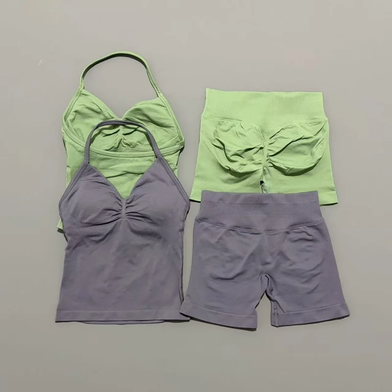 2 Pieces Sports Set Women Backless Halter Tops Fitness Tank Top High Waist Seamless High Stretch Shorts Gym Workout Sets