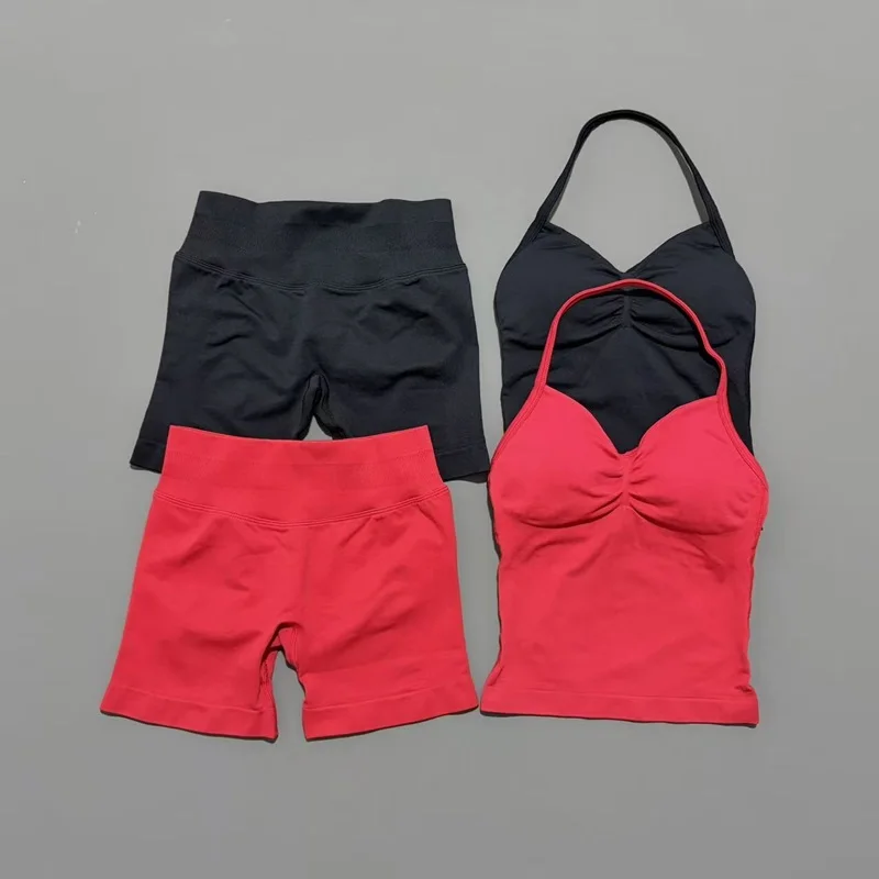 2 Pieces Sports Set Women Backless Halter Tops Fitness Tank Top High Waist Seamless High Stretch Shorts Gym Workout Sets