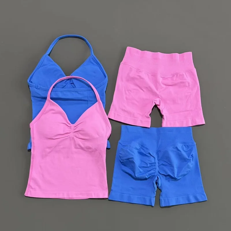 2 Pieces Sports Set Women Backless Halter Tops Fitness Tank Top High Waist Seamless High Stretch Shorts Gym Workout Sets
