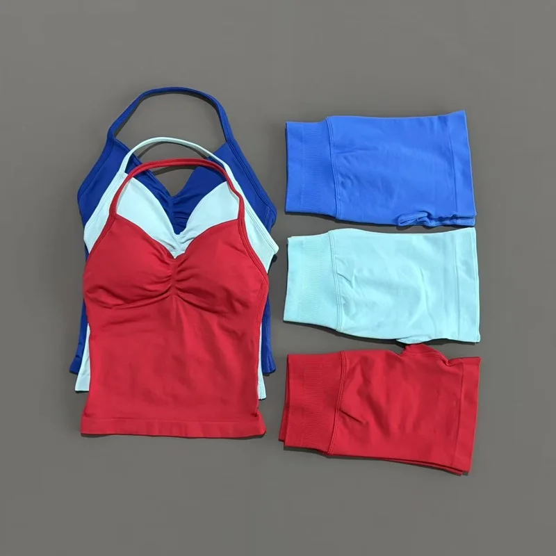 2 Pieces Sports Set Women Backless Halter Tops Fitness Tank Top High Waist Seamless High Stretch Shorts Gym Workout Sets