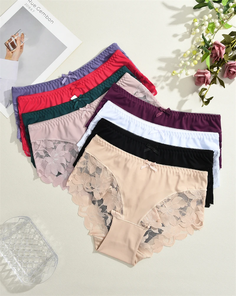 S-XXL Women Lace Panties Patchwork Seamless Underwear Sexy Luxury Hollow Out Solid Briefs Girls' Mid Rise Breathable Lingerie