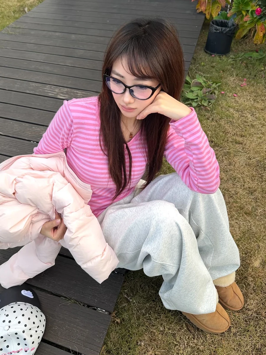 Pink Striped Long Sleeve T-shirt Shorts Set Woman Buttons Slim Tees+Elastic Straight Short Pant Cotton Home Pajama 2 Piece Sets