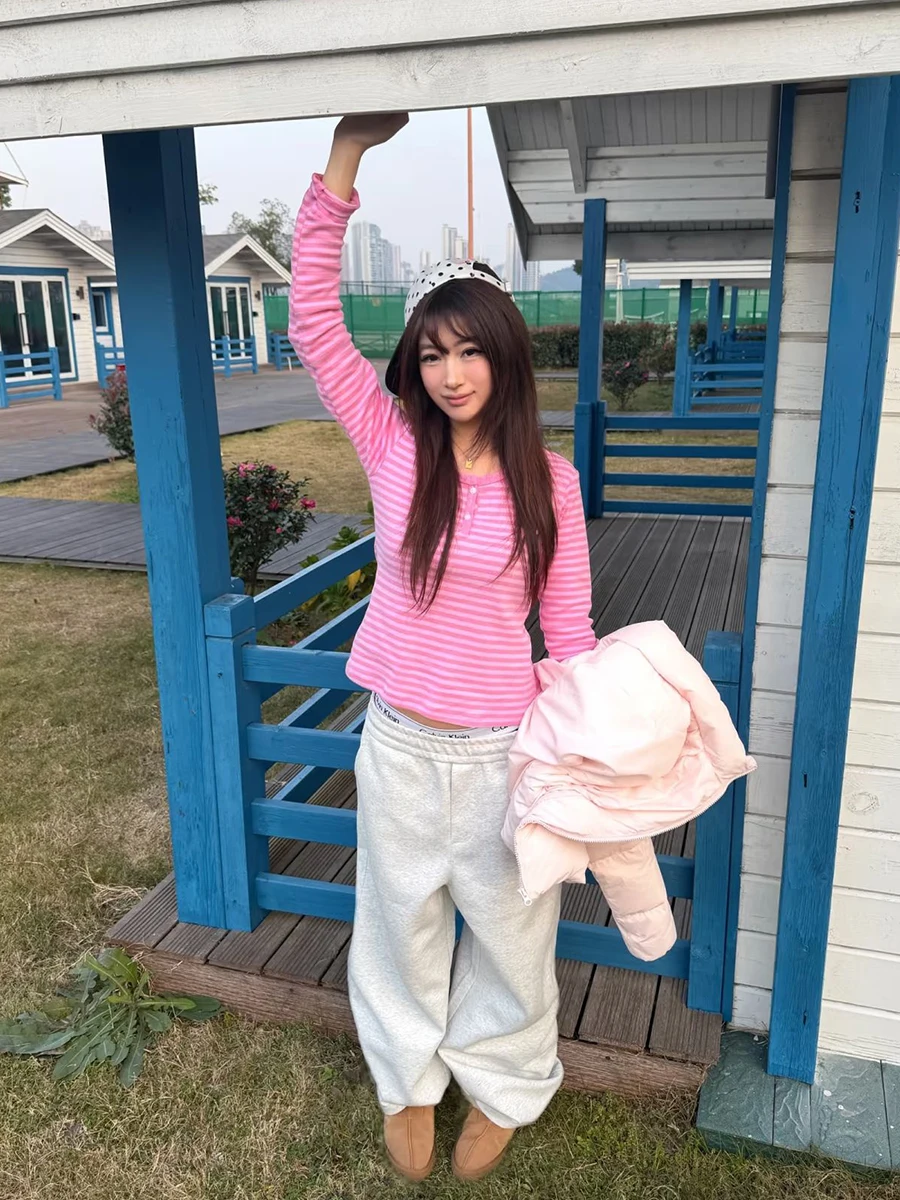 Pink Striped Long Sleeve T-shirt Shorts Set Woman Buttons Slim Tees+Elastic Straight Short Pant Cotton Home Pajama 2 Piece Sets