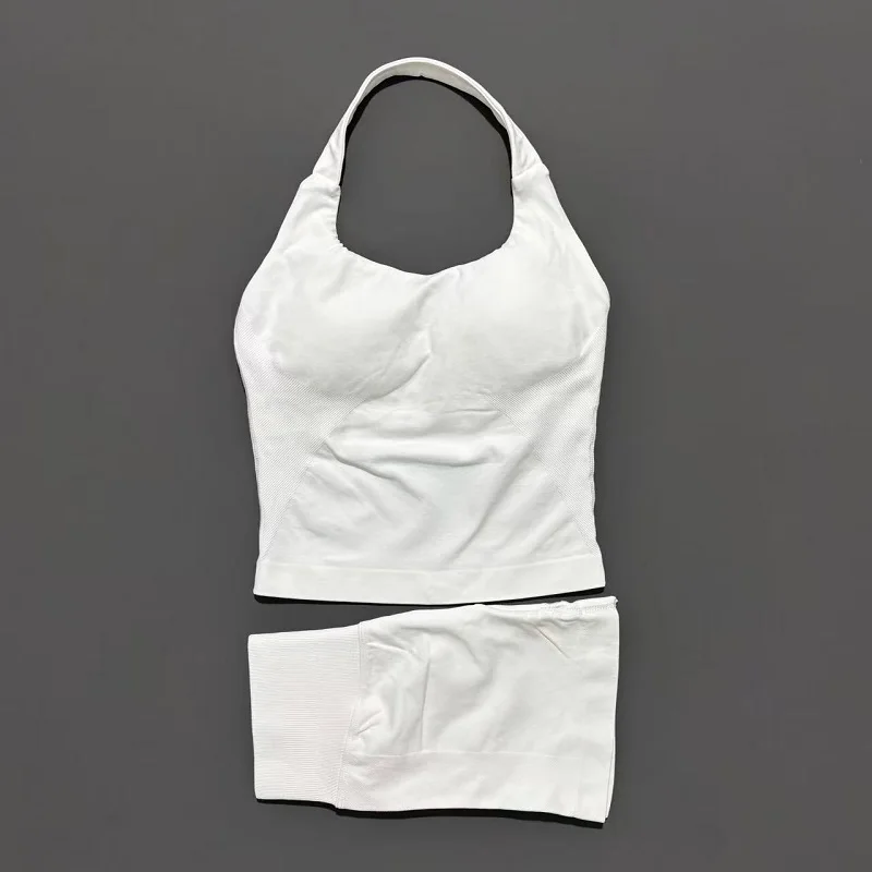 2 Pic Histello Sports Set Women Neck Halter Shockproof Longline Strappy Top Workout Scrunch Shorts Sets Fitness Clothes Gym Suit