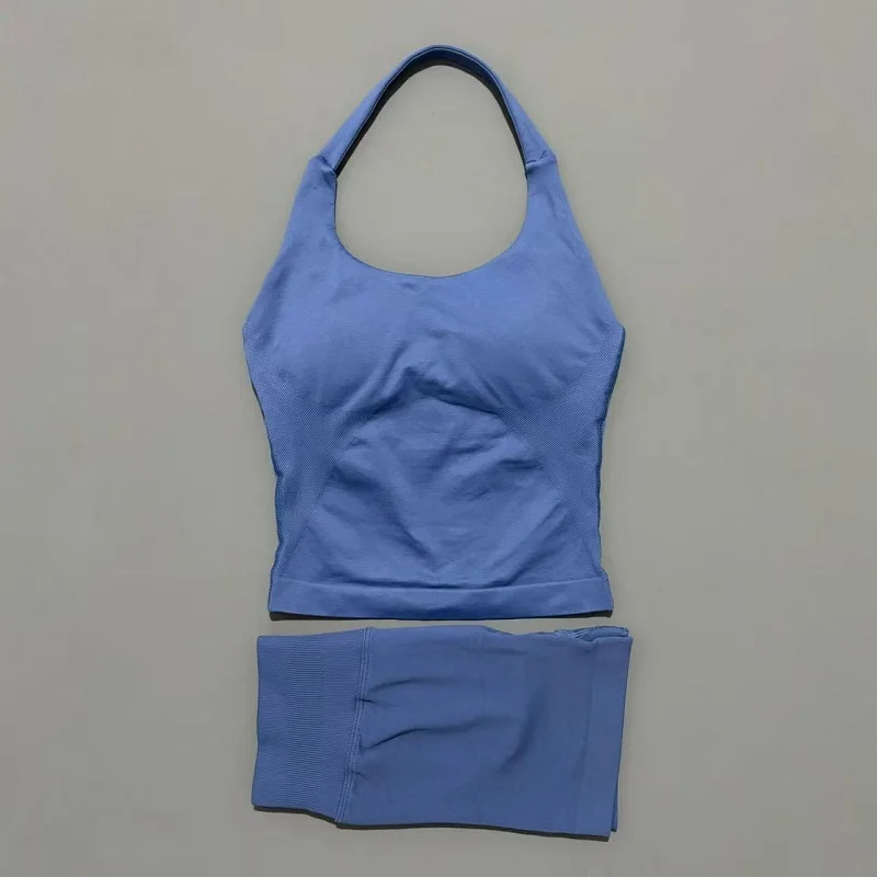 2 Pic Histello Sports Set Women Neck Halter Shockproof Longline Strappy Top Workout Scrunch Shorts Sets Fitness Clothes Gym Suit