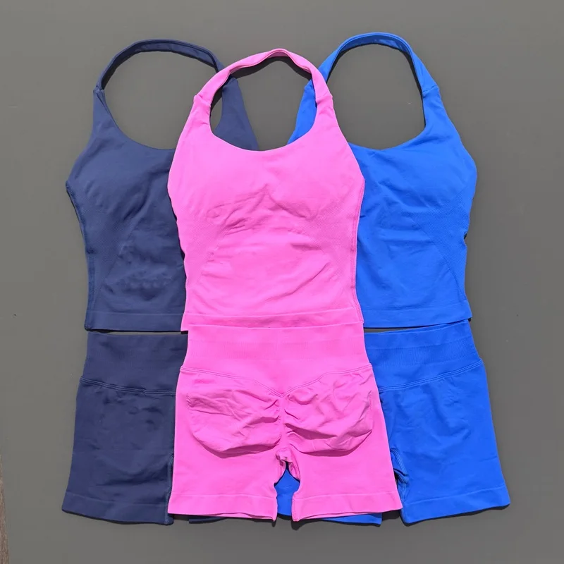 2 Pic Histello Sports Set Women Neck Halter Shockproof Longline Strappy Top Workout Scrunch Shorts Sets Fitness Clothes Gym Suit