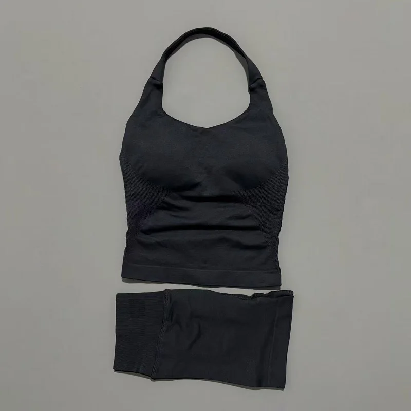2 Pic Histello Sports Set Women Neck Halter Shockproof Longline Strappy Top Workout Scrunch Shorts Sets Fitness Clothes Gym Suit