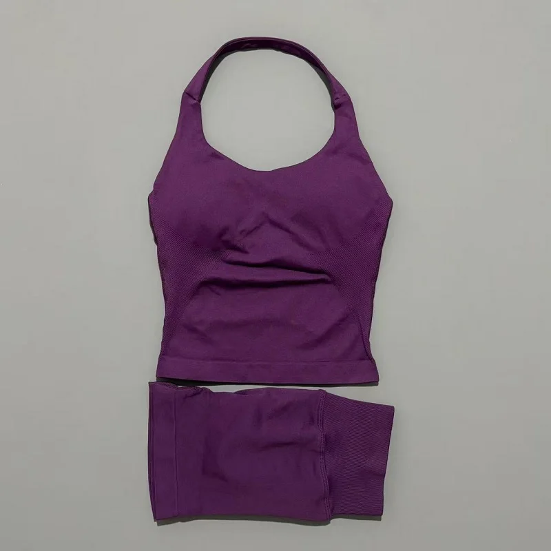 2 Pic Histello Sports Set Women Neck Halter Shockproof Longline Strappy Top Workout Scrunch Shorts Sets Fitness Clothes Gym Suit