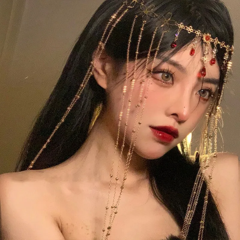 1PC Fashion Shiny Head Chain Rhinestone Long Tassel Hair Ornament Water Drop Crystal Retro Hairpin Women's Bridal Hair Ornament