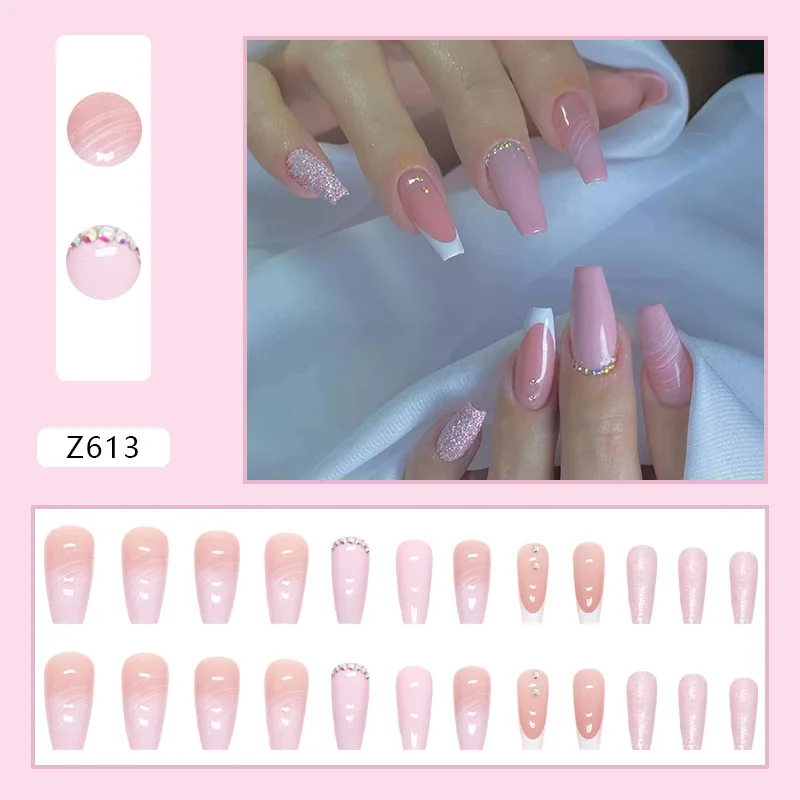 24Pcs Brown Long Coffin False Nails Glitter Ballet Wearable with French Design Fake nails Full Press on Nail Ins Nail Tips Art