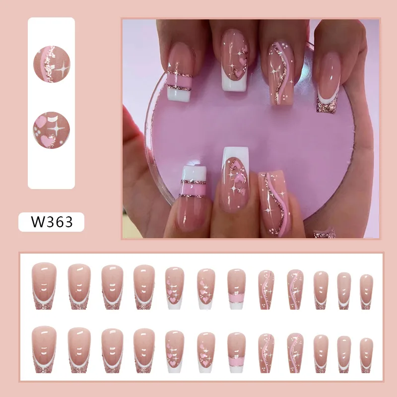 24Pcs Brown Long Coffin False Nails Glitter Ballet Wearable with French Design Fake nails Full Press on Nail Ins Nail Tips Art