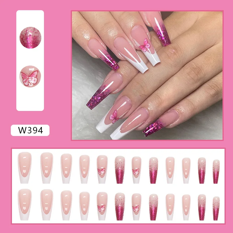24Pcs Brown Long Coffin False Nails Glitter Ballet Wearable with French Design Fake nails Full Press on Nail Ins Nail Tips Art
