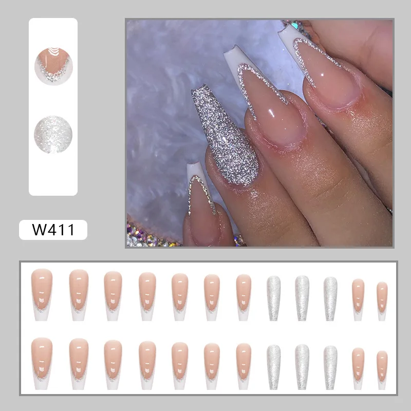 24Pcs Brown Long Coffin False Nails Glitter Ballet Wearable with French Design Fake nails Full Press on Nail Ins Nail Tips Art