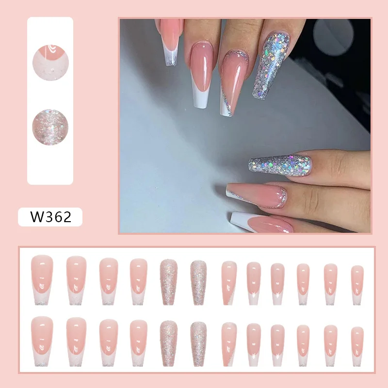 24Pcs Brown Long Coffin False Nails Glitter Ballet Wearable with French Design Fake nails Full Press on Nail Ins Nail Tips Art