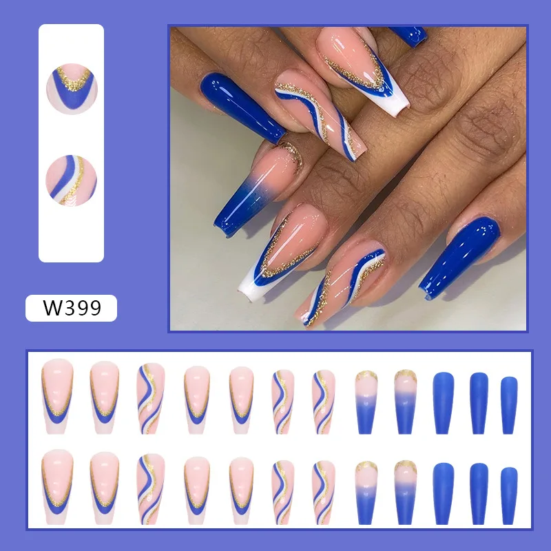 24Pcs Brown Long Coffin False Nails Glitter Ballet Wearable with French Design Fake nails Full Press on Nail Ins Nail Tips Art