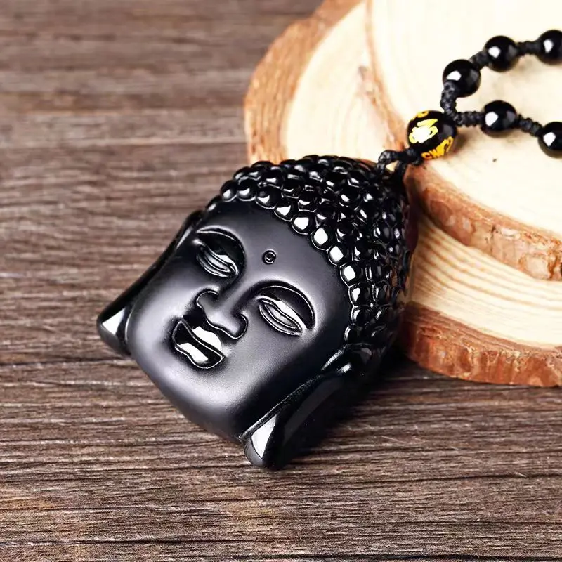 Obsidian Buddha Head Lucky Amulet Pendant Tathagata Buddha Blessing Necklace Religious Buddhist Jewelry Men and Women Gifts