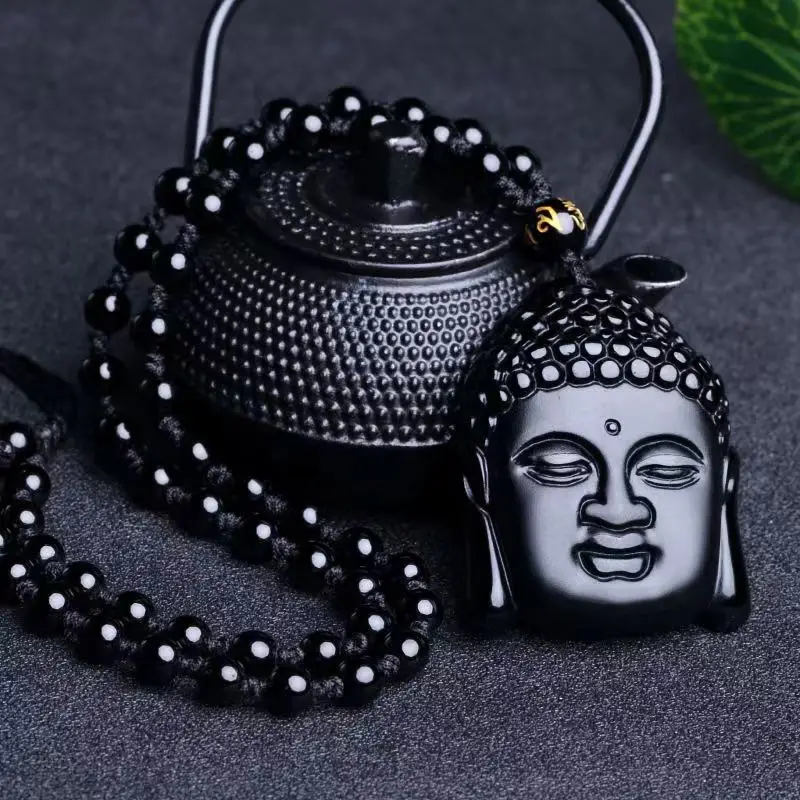 Obsidian Buddha Head Lucky Amulet Pendant Tathagata Buddha Blessing Necklace Religious Buddhist Jewelry Men and Women Gifts